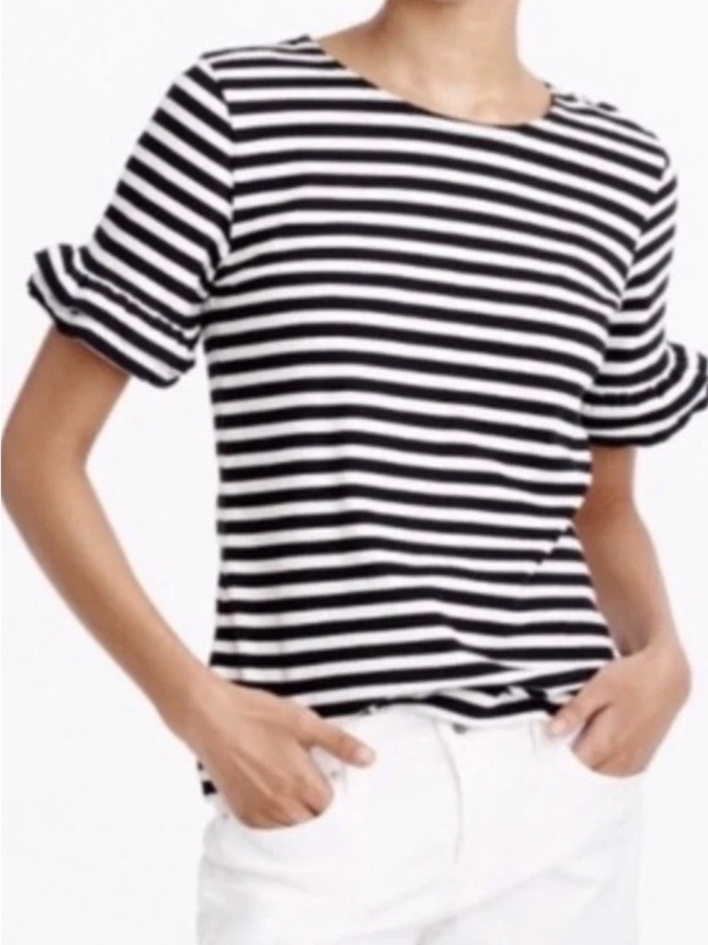 J Crew Classic Striped Ruffled Short Sleeve Top - Black & White